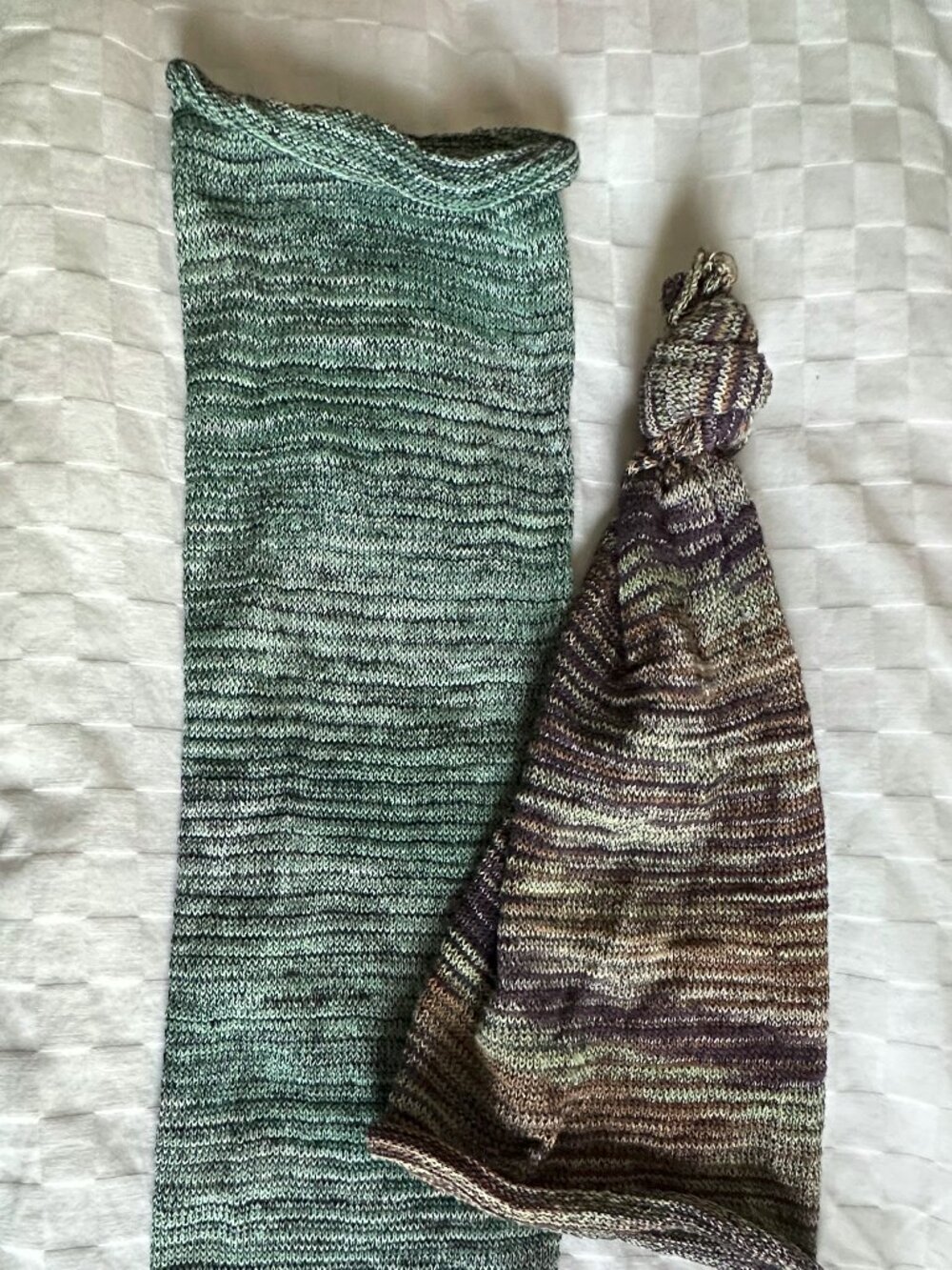 two tube hats knit space-dyed